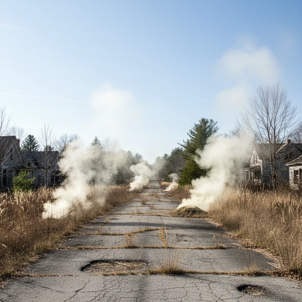 An abandoned, cracked road in Centralia, Pennsylvania, with overgrown vegetation