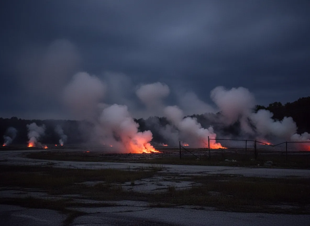 A wide shot of the desolate landscape of Centralia, Pennsylvania, showing sparse trees and distant smoke