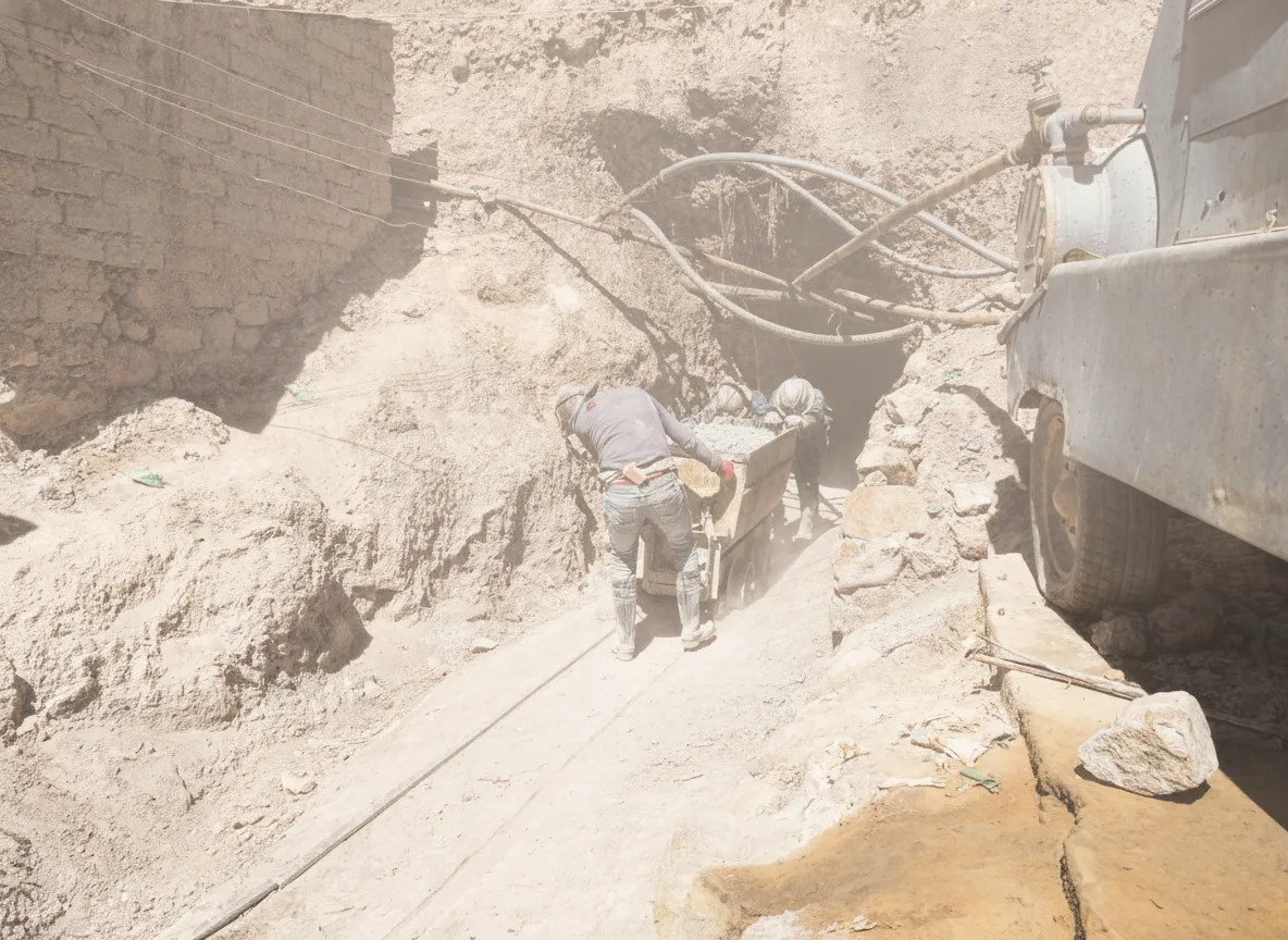 Tourist wearing a helmet and headlamp navigating a narrow, dark tunnel inside Cerro Rico mine