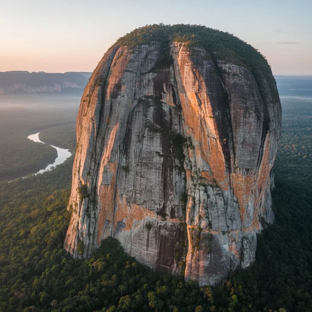 Panoramic view from the top of Cerro Mavicure, showing the vast Amazon rainforest and meandering rivers below.