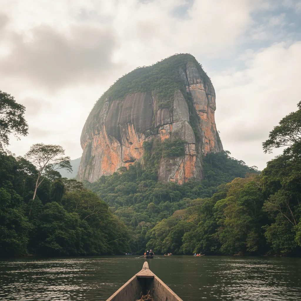 A river winding through the base of the Mavecure Hills, with lush rainforest on either side.