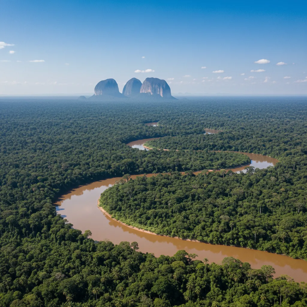 An indigenous guide leading a small group of tourists through the dense Amazon rainforest near Mavecure Hills.