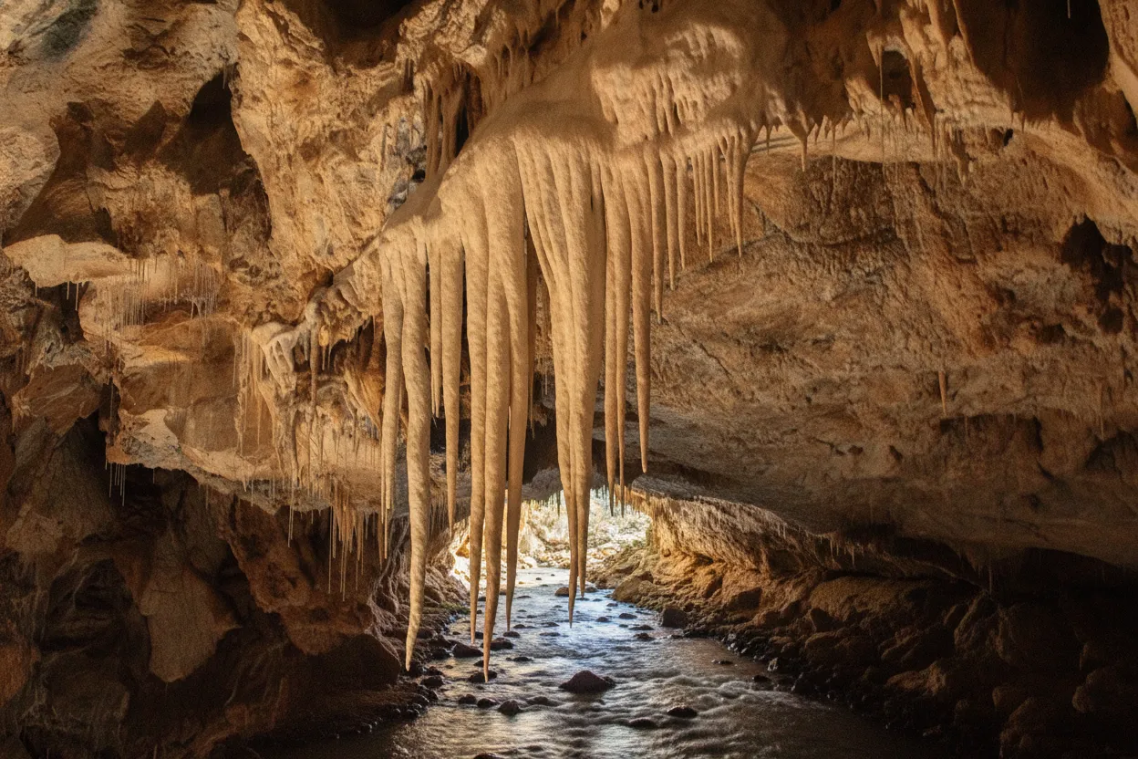 Inside Cetățile Ponorului cave, showing a massive archway and the underground river flowing beneath