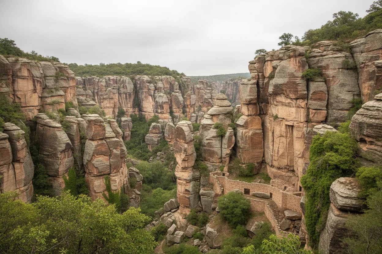 Hikers on a trail inside the Cetățile Ponorului doline, dwarfed by the massive rock walls and lush vegetation