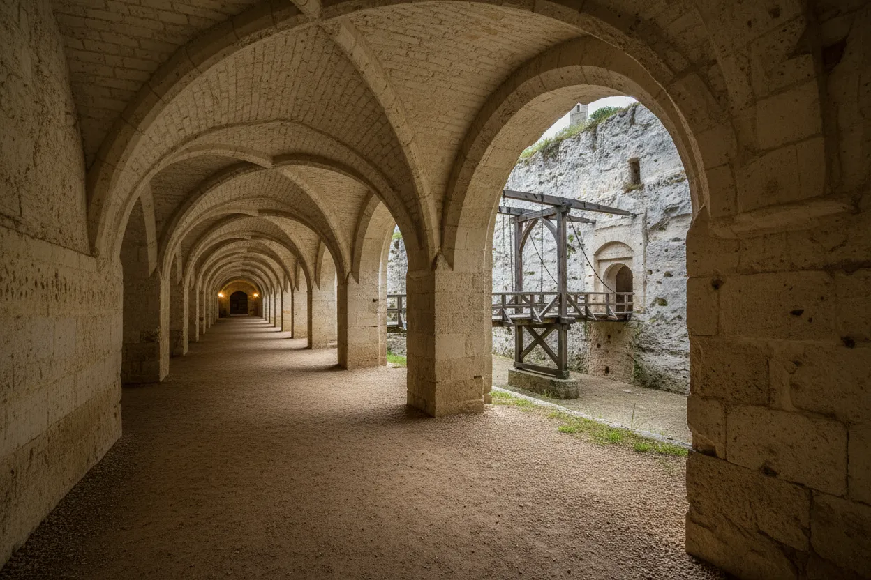 Vast subterranean dry moat with a rock-hewn drawbridge at Château de Brézé, showing the impressive scale of the underground fortress.