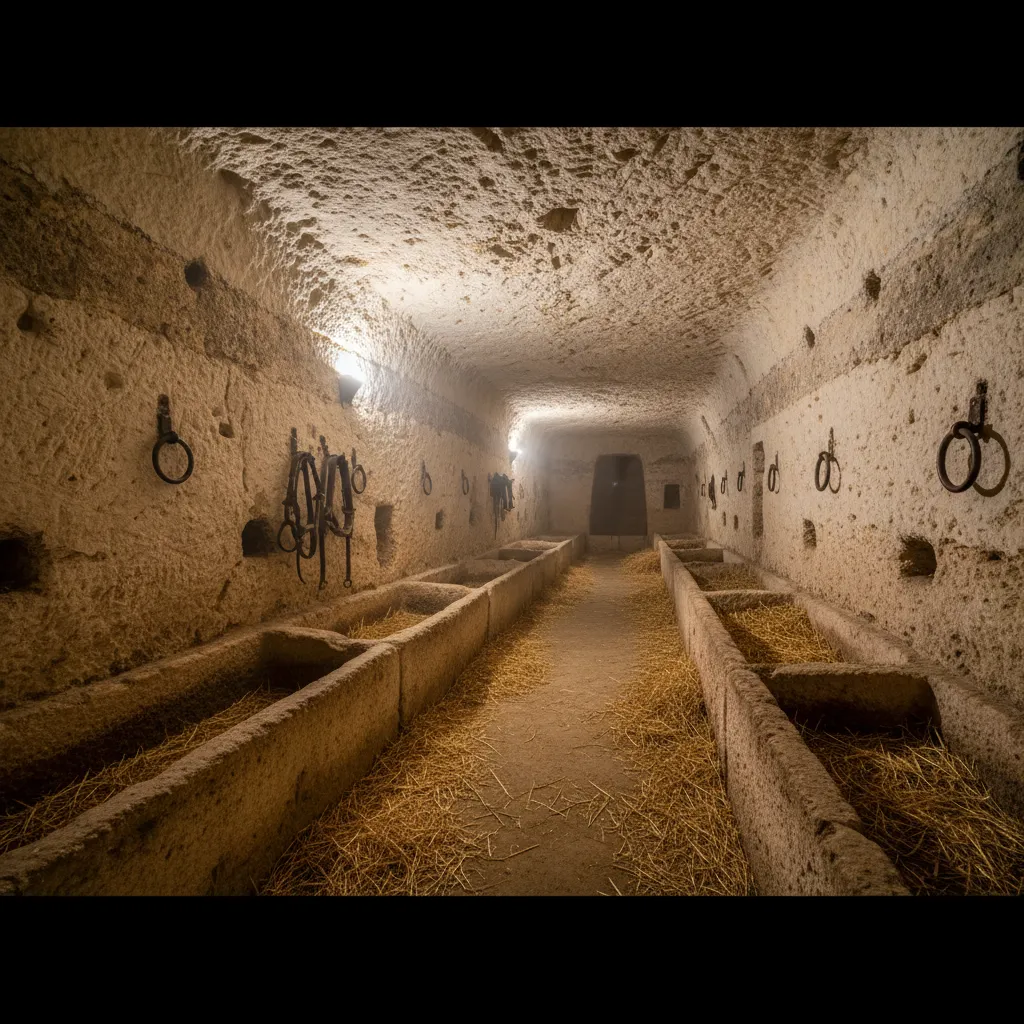 Intricate network of underground tunnels and chambers carved into the tufa rock, revealing ancient stables and storage areas within Château de Brézé.