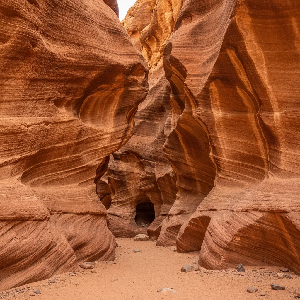 Close-up of intricately carved sandstone walls inside Chahkooh Canyon, showing ripples and twists formed by erosion, bathed in soft light