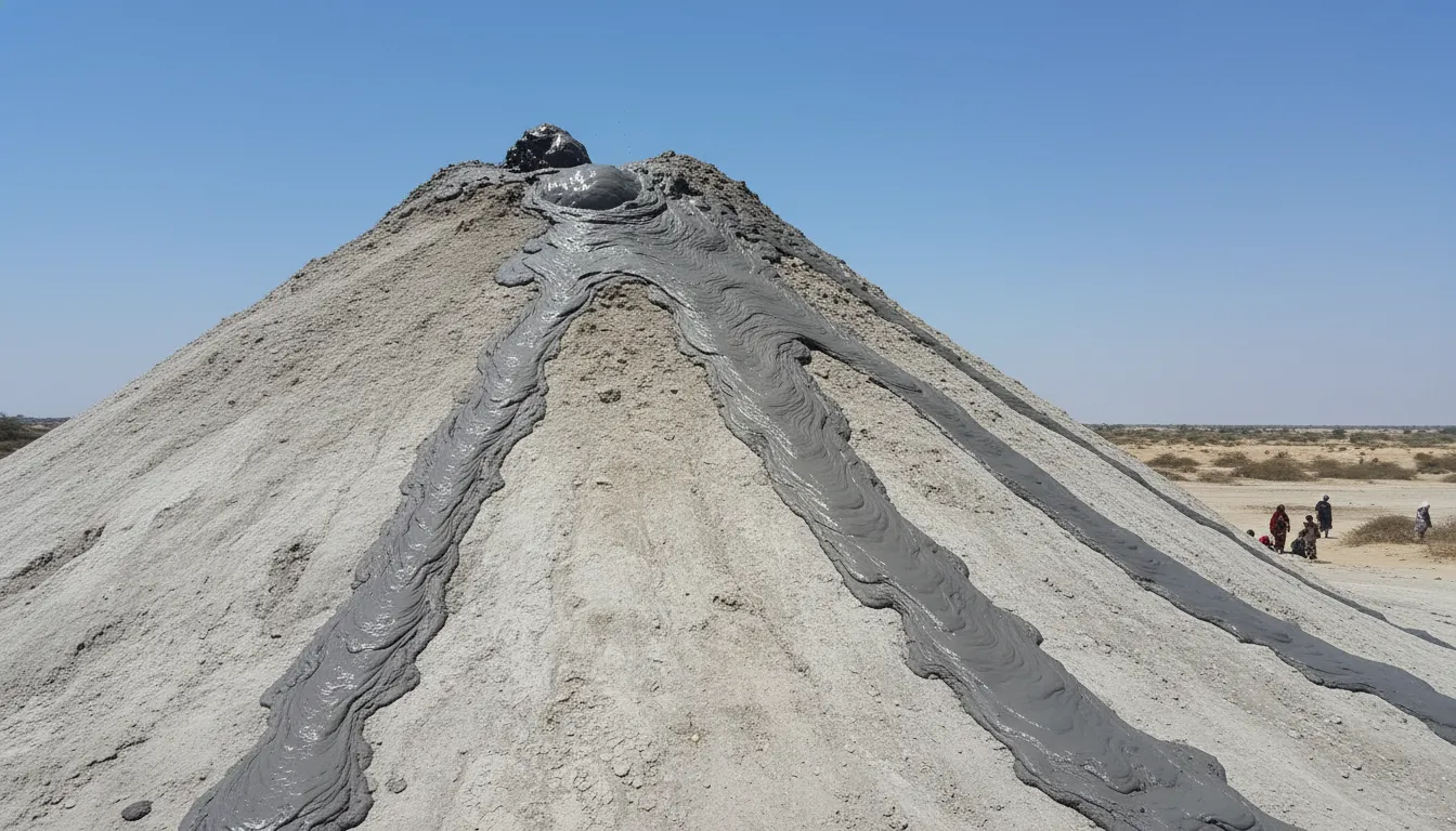 Chandragup Mud Volcano rising from the arid landscape of Hingol National Park, with a dusty track leading towards it.