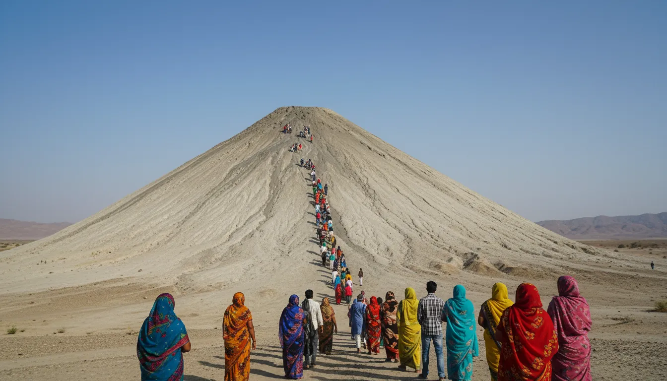 Pilgrims ascending the slopes of Chandragup Mud Volcano, with the vast, arid landscape of Balochistan in the background under a clear sky.