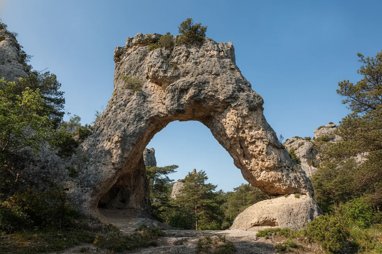 Hikers exploring the giant, naturally sculpted rock formations at Chaos de Montpellier-le-Vieux in Occitanie, France.