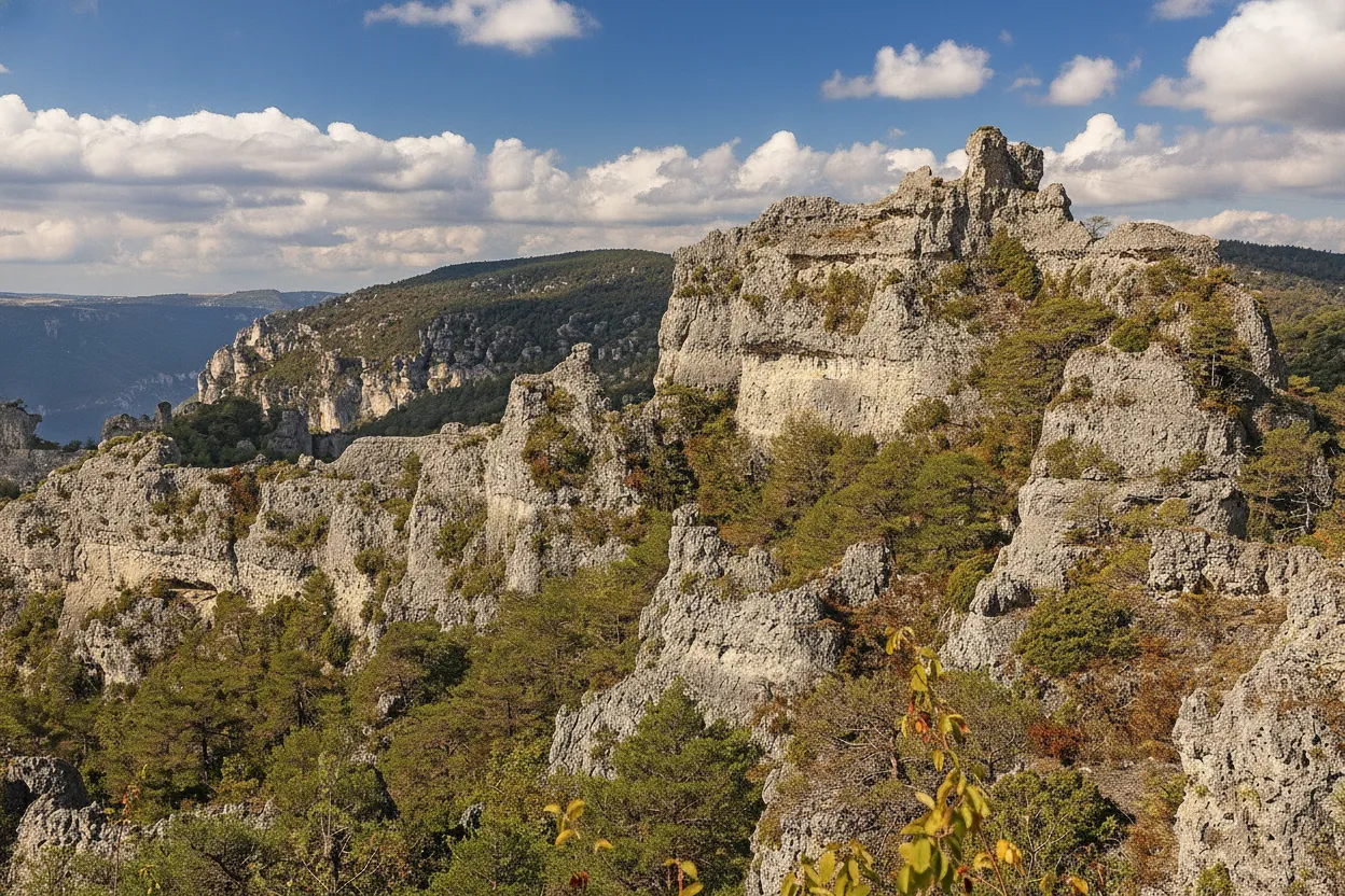 A natural rock archway framing a view of the vast rock formations at Chaos de Montpellier-le-Vieux, Occitanie.