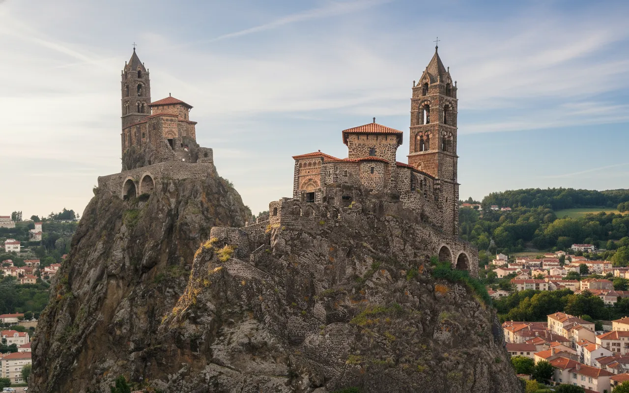The Chapel of Saint-Michel d'Aiguilhe perched atop its volcanic plug, surrounded by the town of Le Puy-en-Velay.