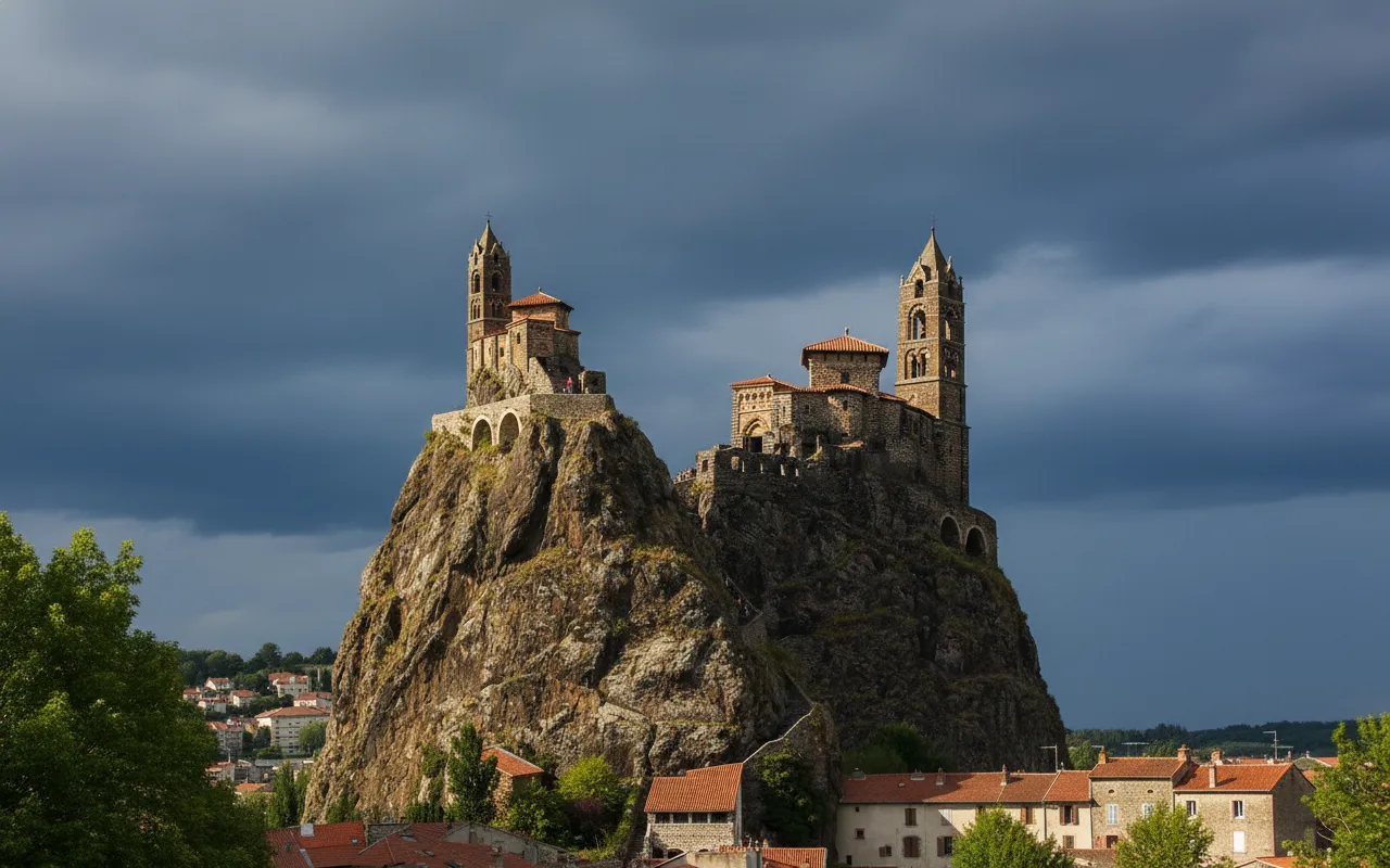 Panoramic view from the top of Saint-Michel d'Aiguilhe, showing Le Puy-en-Velay and the surrounding Auvergne landscape.