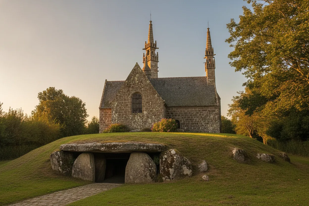 Deep within a remote Breton chapel, a hidden megalithic dolmen serves as the very altar, fusing ancient pagan rites with Christian worship in a millennia-old spiritual site.