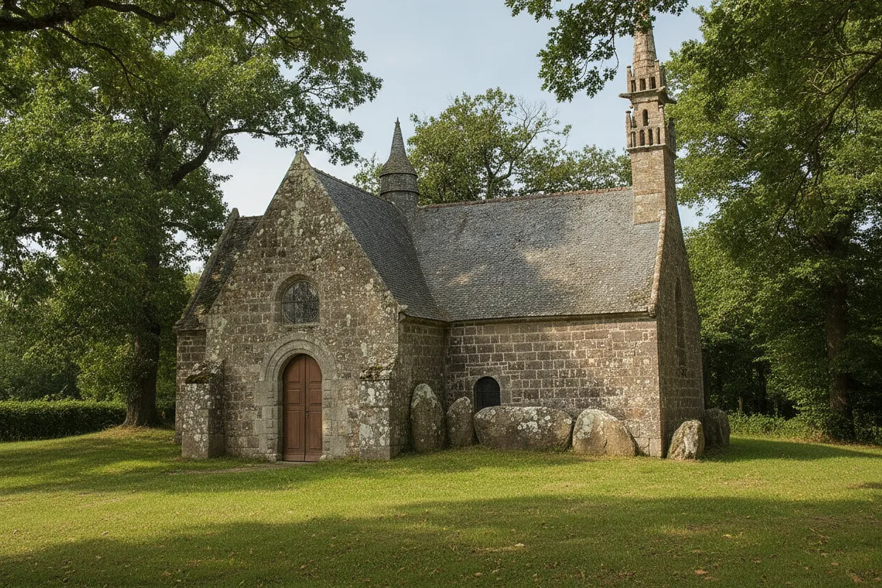 Exterior view of the Chapelle des Sept Saints, a modest stone chapel in rural Brittany, France, surrounded by green fields.