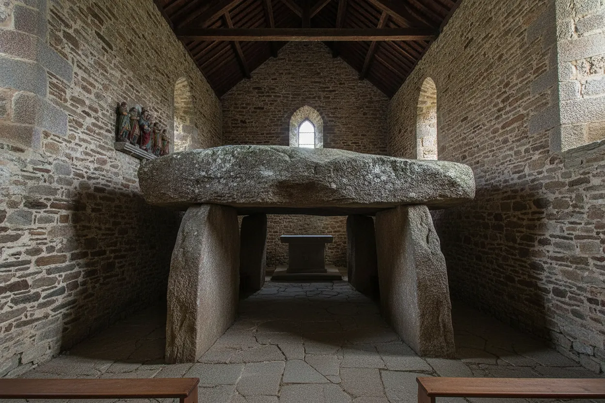 Interior view of the subterranean dolmen at Chapelle des Sept Saints, showing the massive stone slabs forming the ancient altar and chamber.