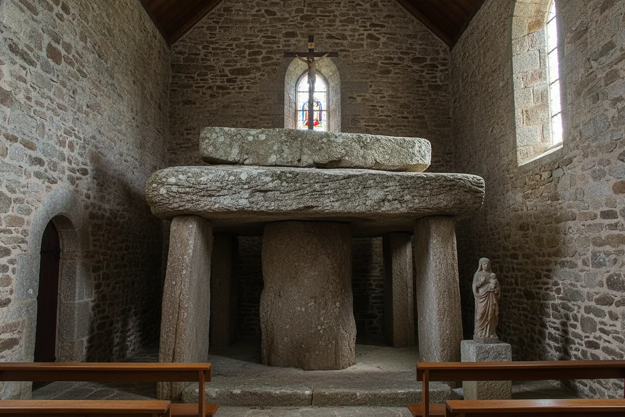 A narrow stone staircase leading down into the dark, mysterious crypt of the Chapelle des Sept Saints where the dolmen is located.