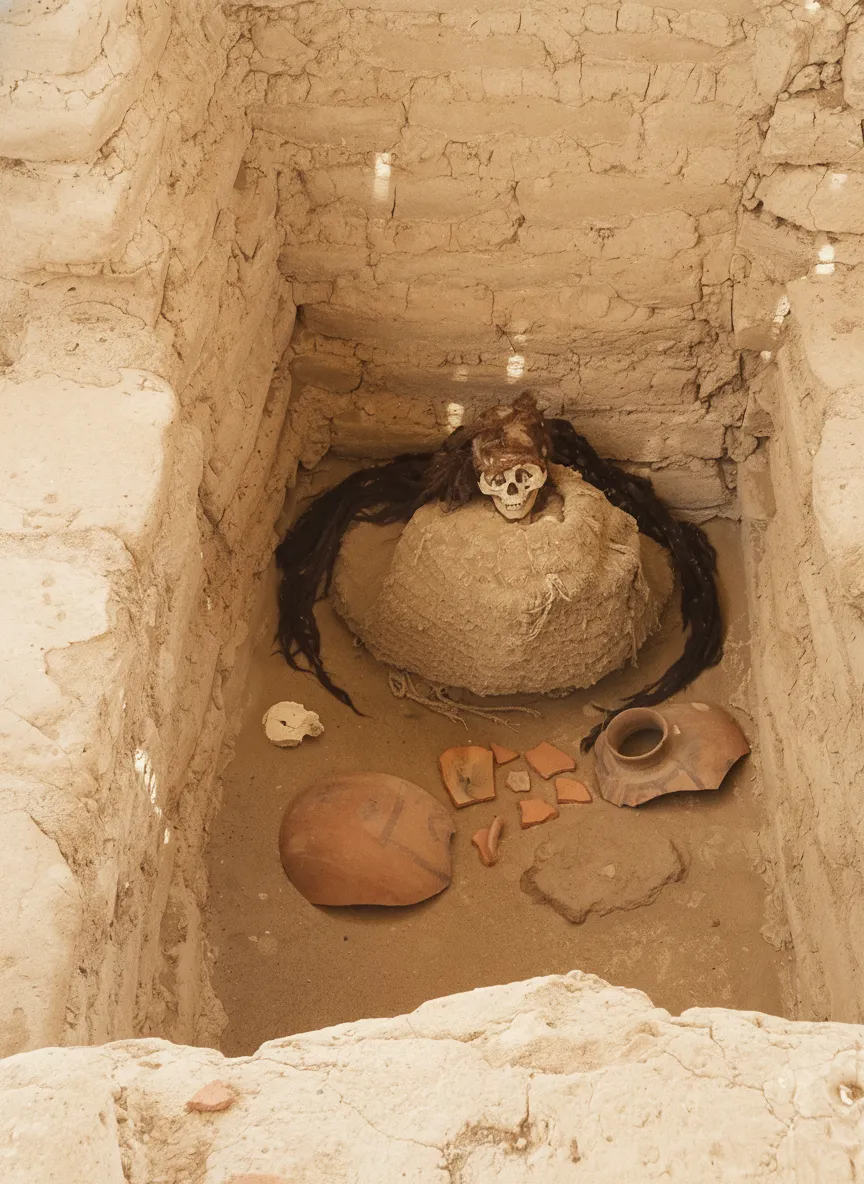 Step into an ancient desert cemetery where centuries-old mummies sit undisturbed in their open-air tombs, their secrets preserved by the arid sands of Peru.