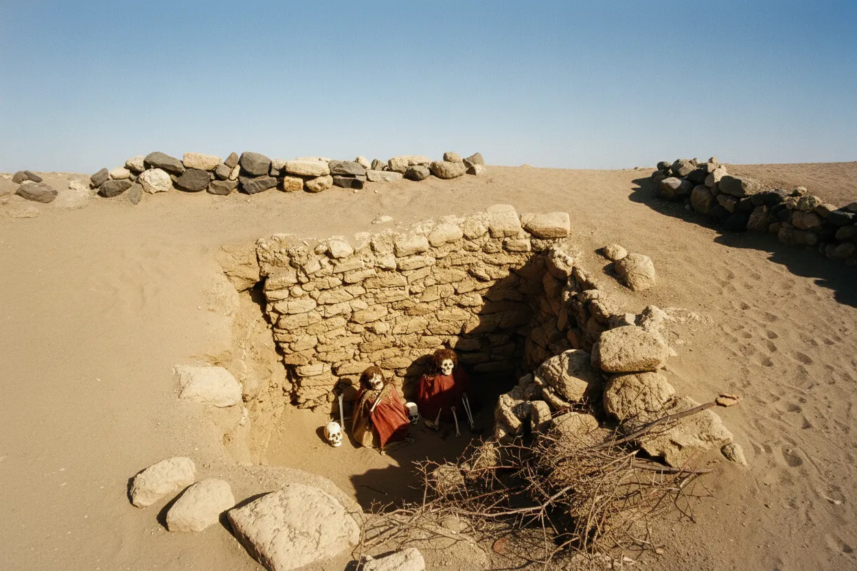 Naturally mummified human remains in an open tomb at Chauchilla Cemetery, Peru, showing well-preserved hair and skin.