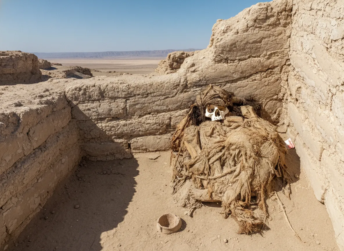 Panoramic view of the arid Nazca Desert landscape surrounding Chauchilla Cemetery, with distant mountains.