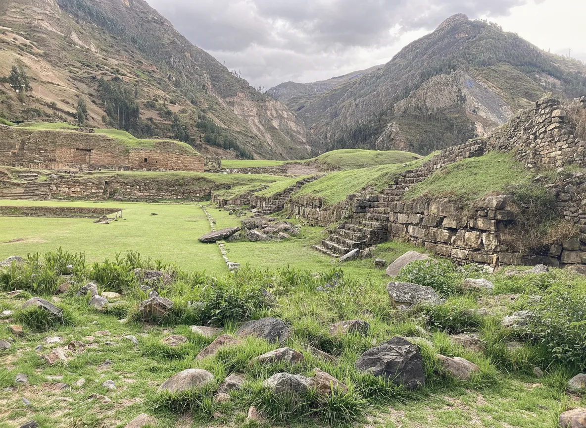 Exterior view of the Chavín de Huántar temple showing stone walls and the famous Cabezas Clavas (nail heads) embedded in them.