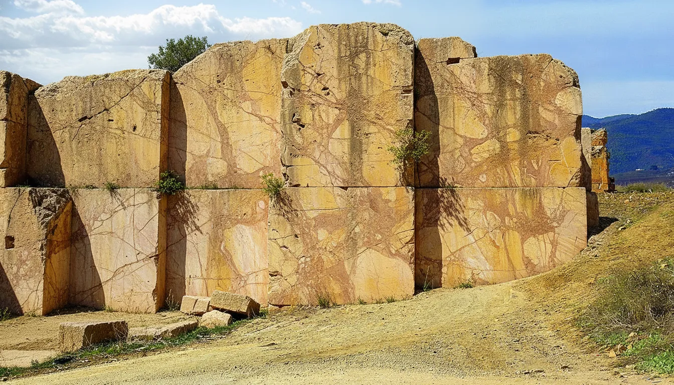 Vast ancient Roman marble quarry at Chemtou, Tunisia, showing massive cuts in golden rock formations.