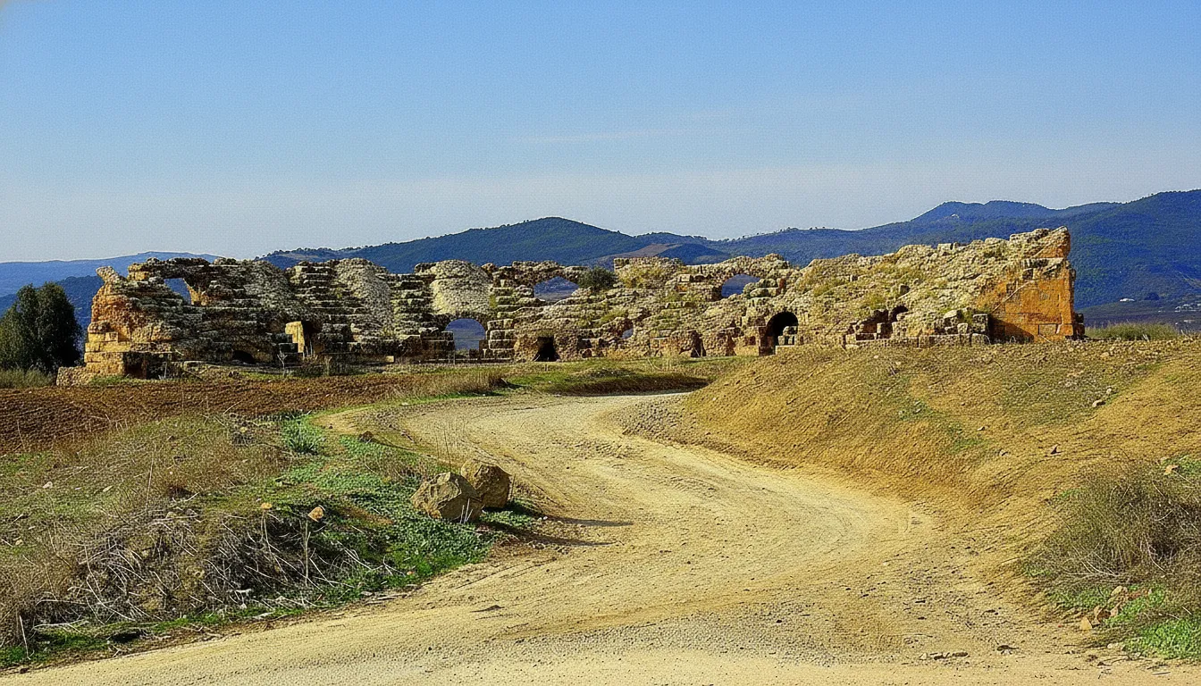 Ruins of a Roman amphitheater at Chemtou, Tunisia, showing stone seating and arena floor.