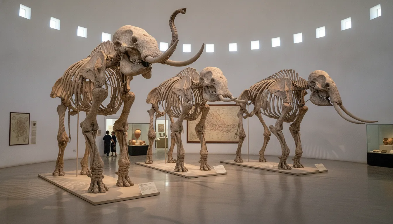 Elephant skeletons displayed in the unique museum at Chemtou, Tunisia, showcasing ancient fauna.