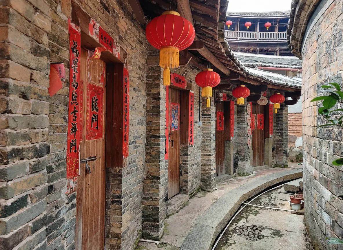 Panoramic view of Chengqi Lou, a massive circular Hakka Tulou, with its four concentric rings visible from above.