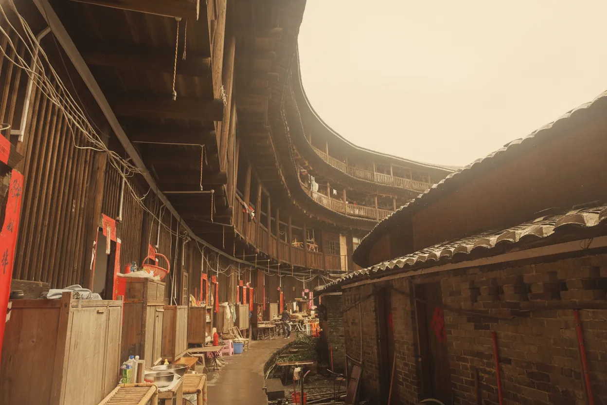 Interior view of Chengqi Lou, showing the concentric rings of wooden balconies and staircases leading to family homes.