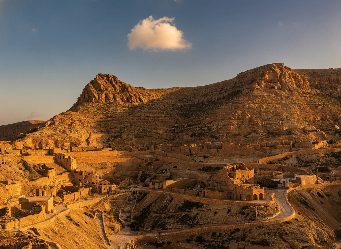 Tucked into a rugged Tunisian hillside, this ancient Berber village seems to defy gravity, with homes carved directly into the rock face.