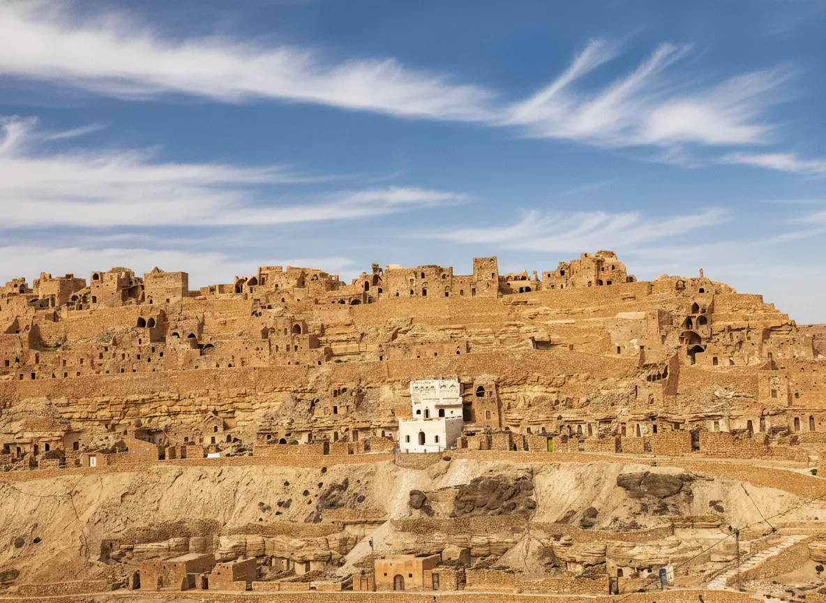 Panoramic view of Chenini village, showing homes carved into the rugged Tunisian hillside, with a fortified ksar at the peak.