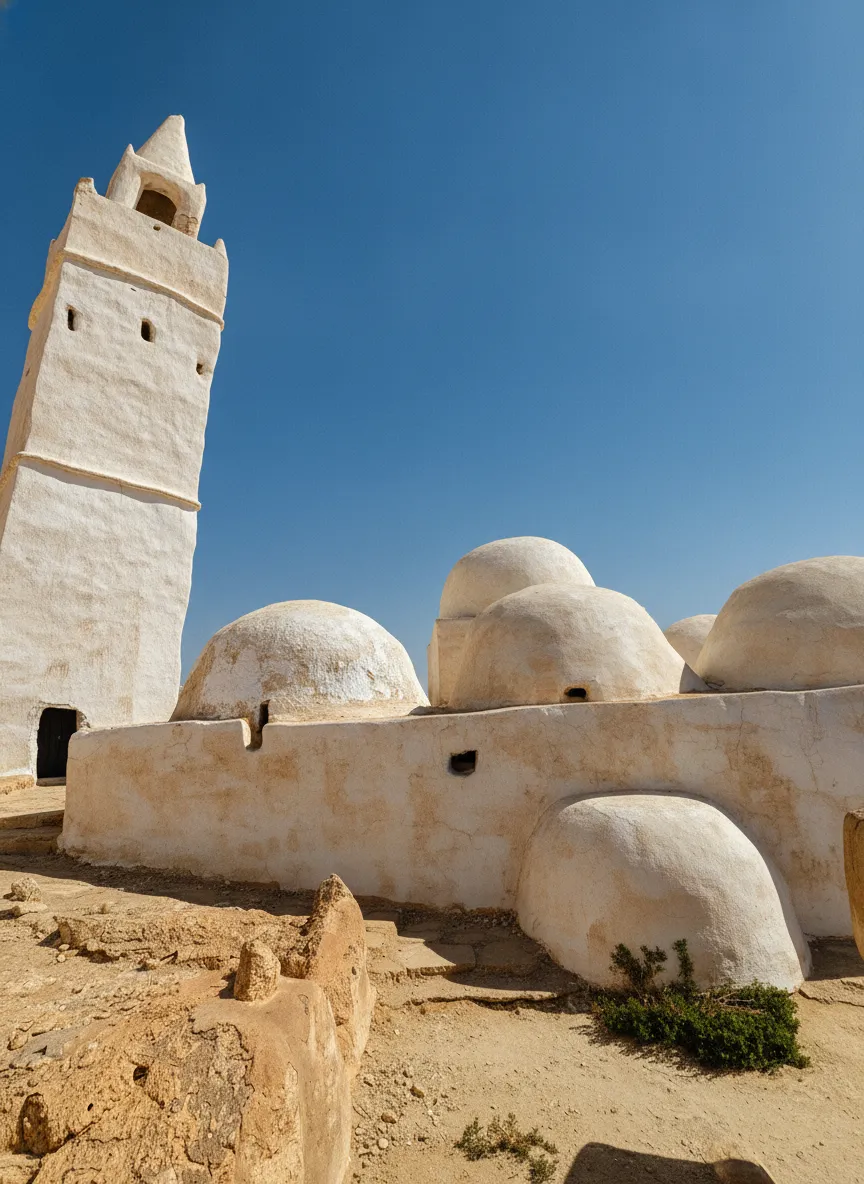 The fortified ksar and mosque at the peak of Chenini village, offering panoramic views of the Tataouine region.