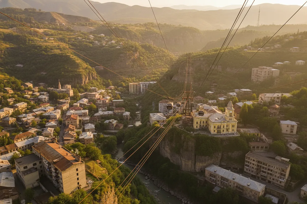In this remote Georgian mining town, residents navigate breathtaking vertical drops daily aboard a sprawling, decrepit network of Soviet-era cable cars known locally as 'Stalin's Rope Roads'.