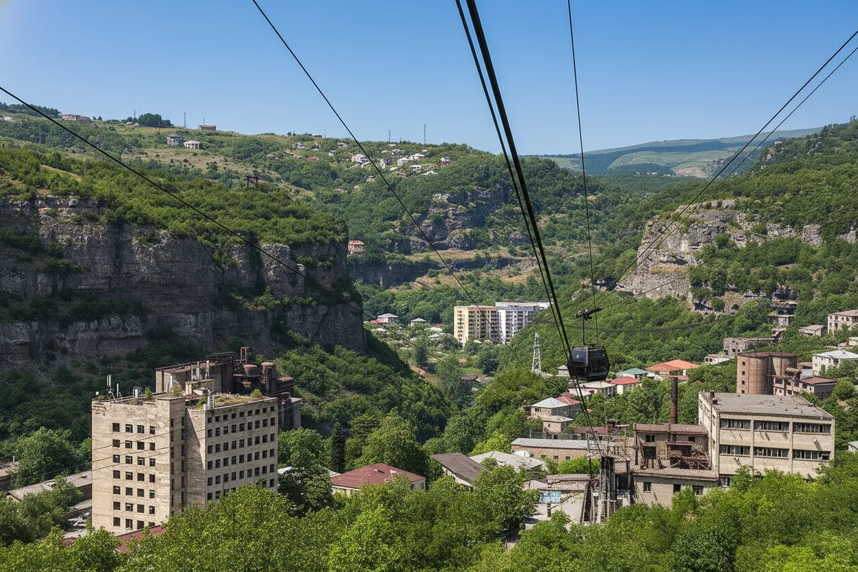 A classic red Soviet-era cable car cabin suspended high above the town of Chiatura, Georgia, with faded paint and visible rust, against a backdrop of green hills and Soviet-era buildings.