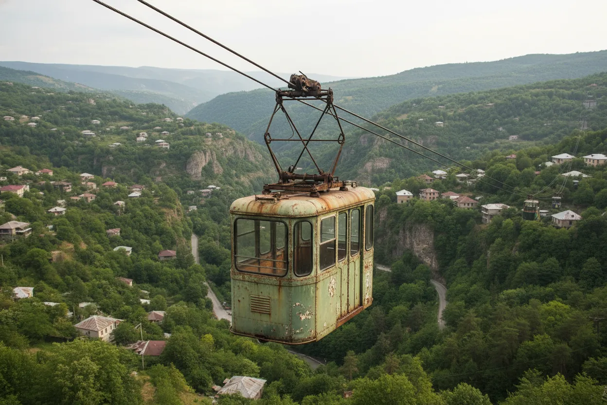 An interior shot of a vintage Chiatura cable car, showing the worn wooden benches and a panoramic view of the rugged Georgian landscape through the window.