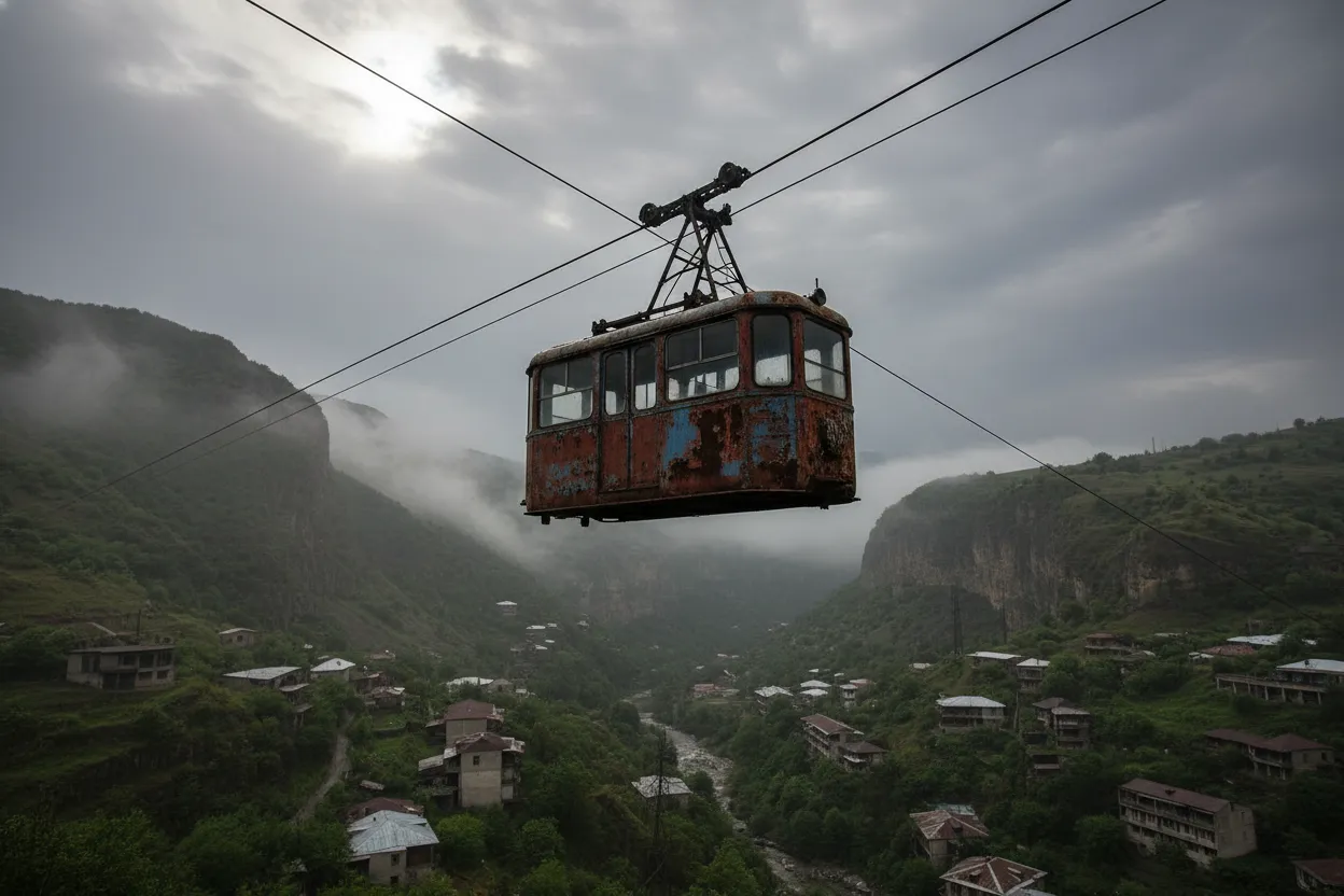 A panoramic view of the town of Chiatura nestled in a steep river valley, with Soviet-era buildings stretching along the riverbank and cable car lines visible across the sky.