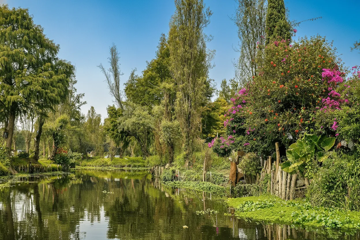 Colorful trajineras boats on the canals of Xochimilco, Mexico, surrounded by lush chinampas.