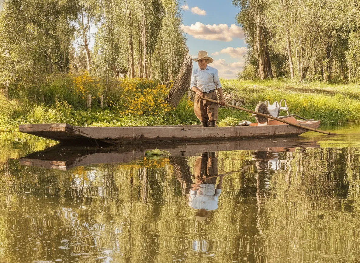 A farmer tending to crops on a chinampa in Xochimilco, showcasing ancient agricultural techniques.