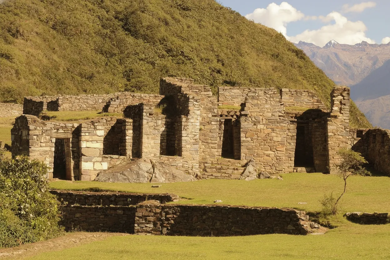 A group of trekkers silhouetted against a dramatic mountain landscape, hiking along a remote trail towards Choquequirao.