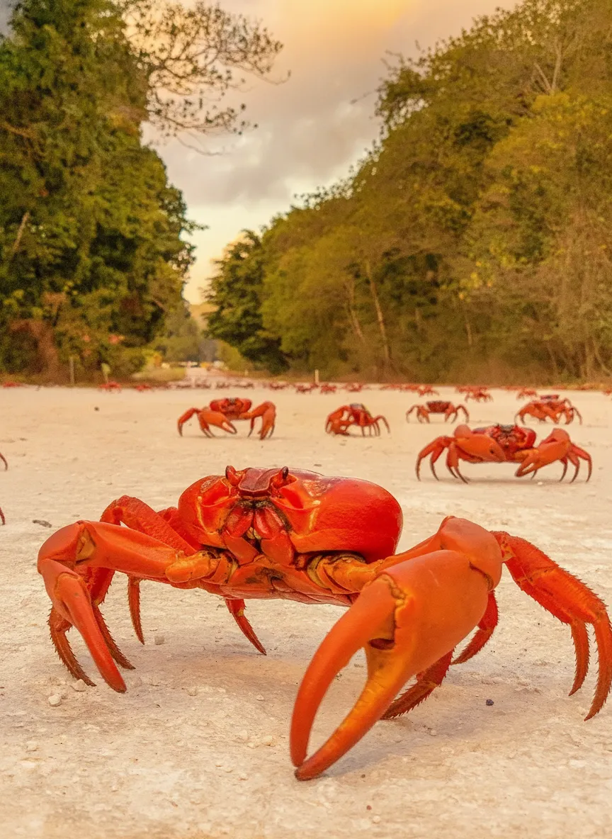Imagine an island where, once a year, millions of bright red crabs emerge from the jungle and march en masse to the ocean, completely taking over roads, beaches, and even buildings.
