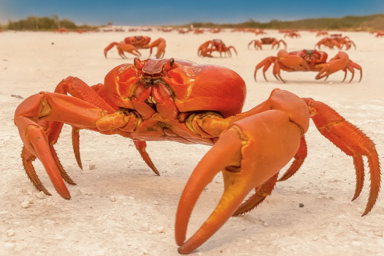 Close-up of a female red crab releasing millions of tiny red eggs into the ocean during the spawning event.