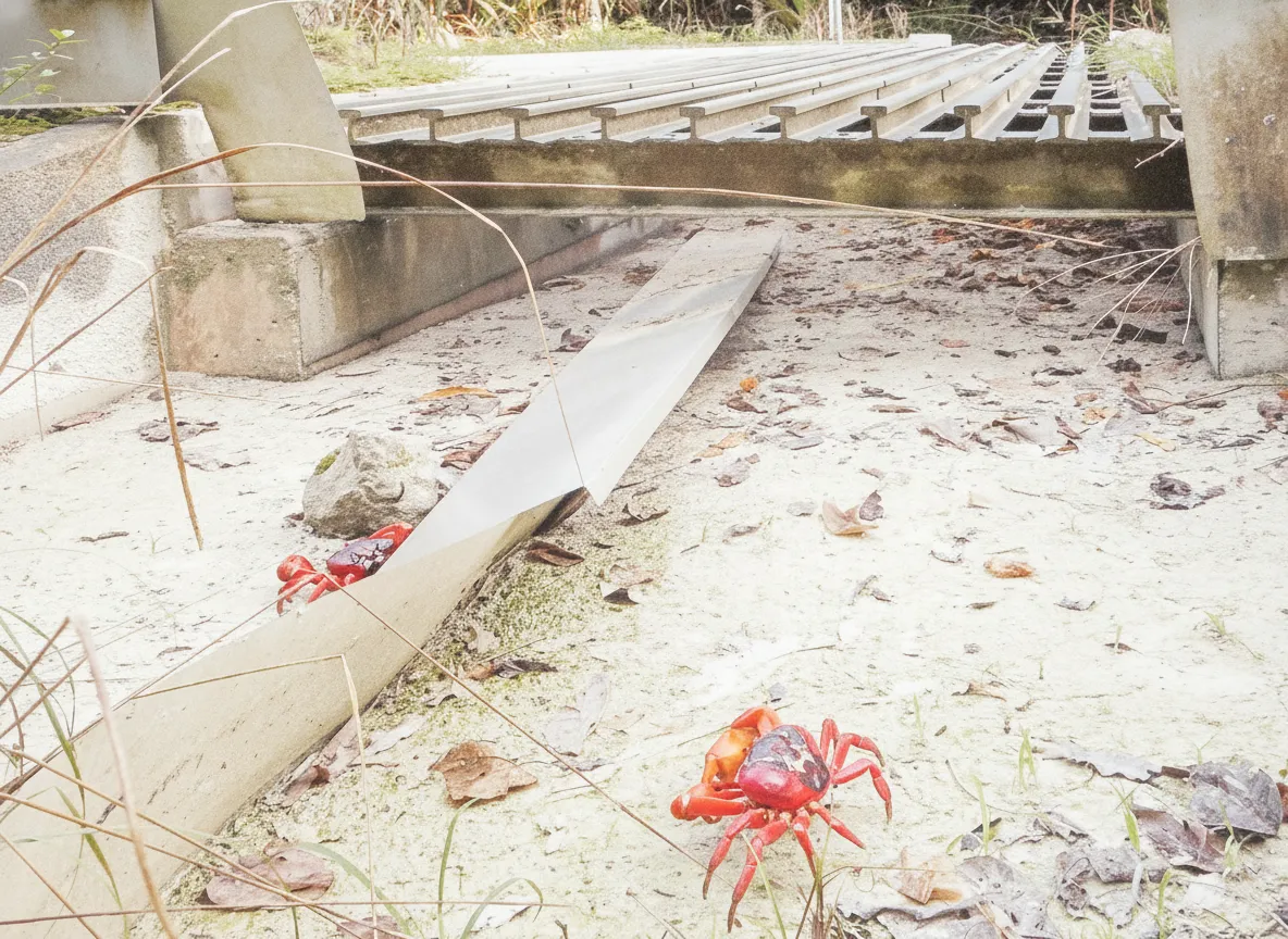 A tourist carefully stepping around migrating red crabs on a jungle path, showing respect for the wildlife.