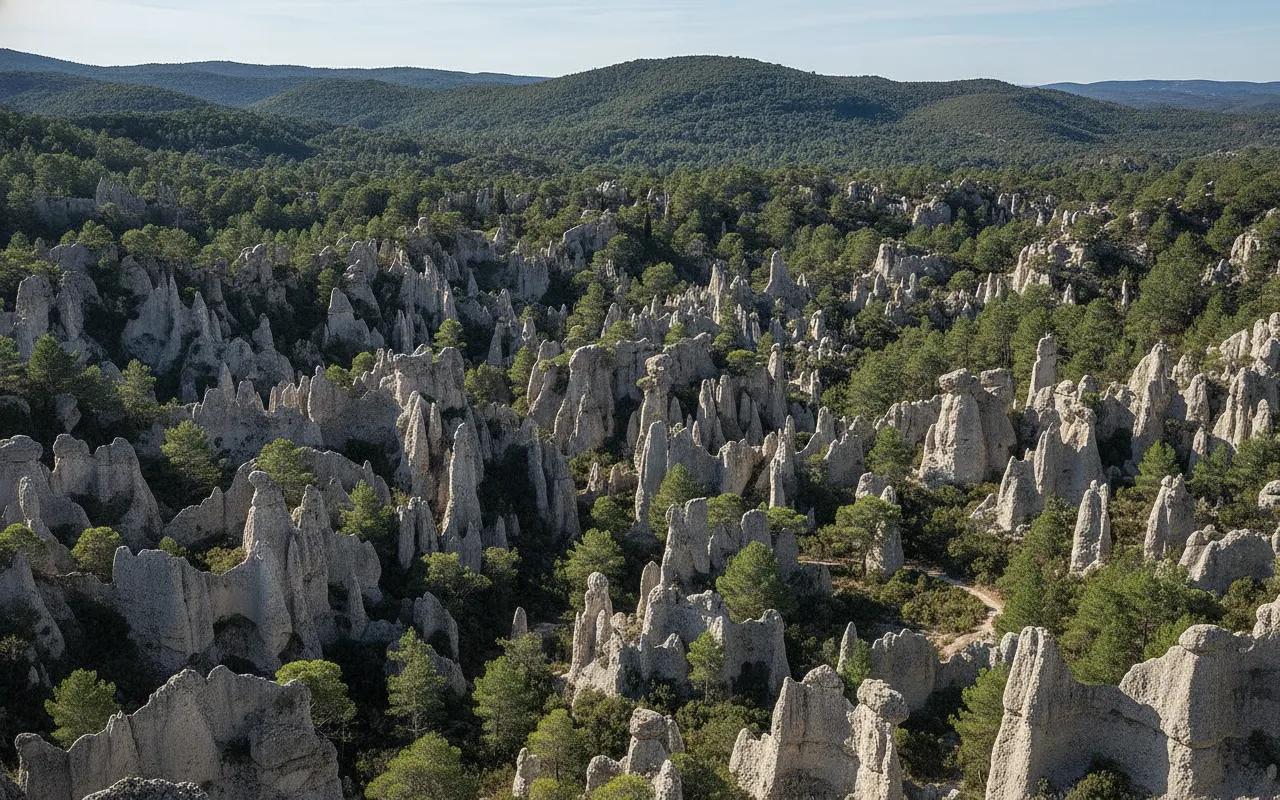 Panoramic view of the Cirque de Mourèze showing numerous bizarrely shaped dolomite monoliths under a clear sky in Occitanie, France.