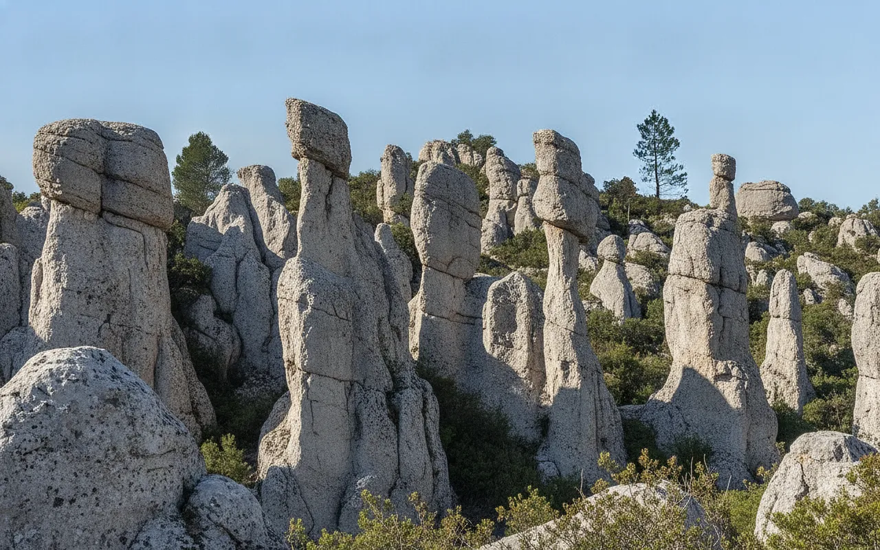 Hikers exploring a narrow path winding through towering dolomite rock formations at Cirque de Mourèze, France.