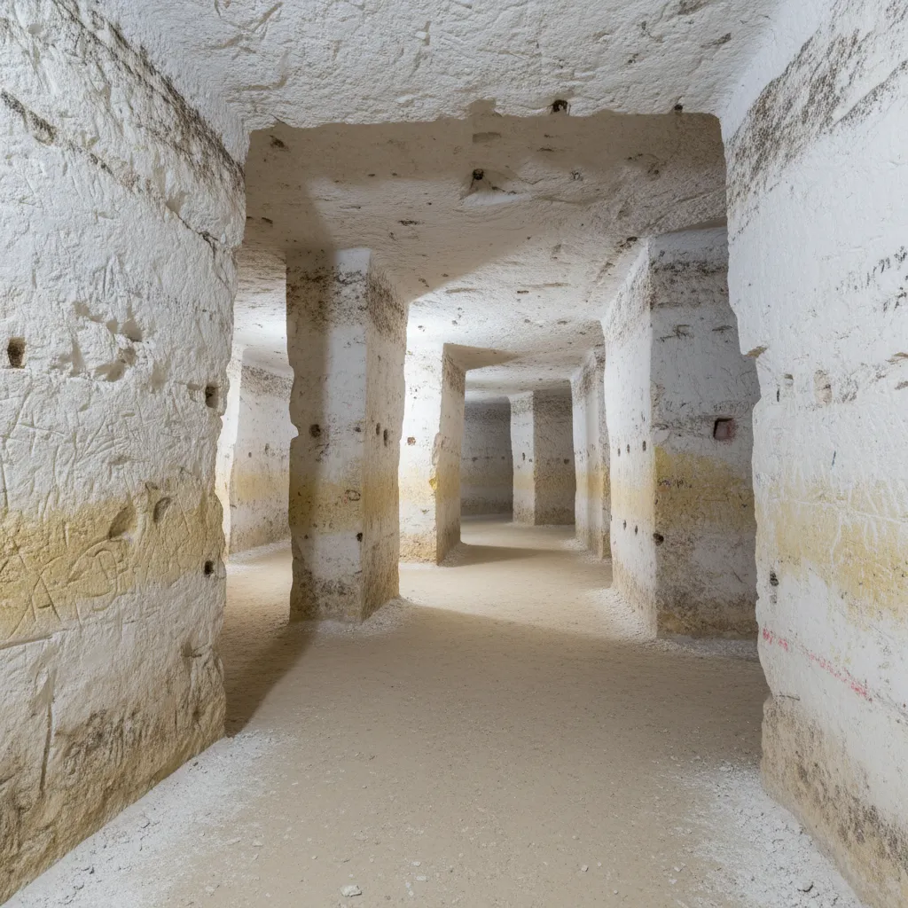 Illuminated underground street with chalk walls in Naours Underground City, France