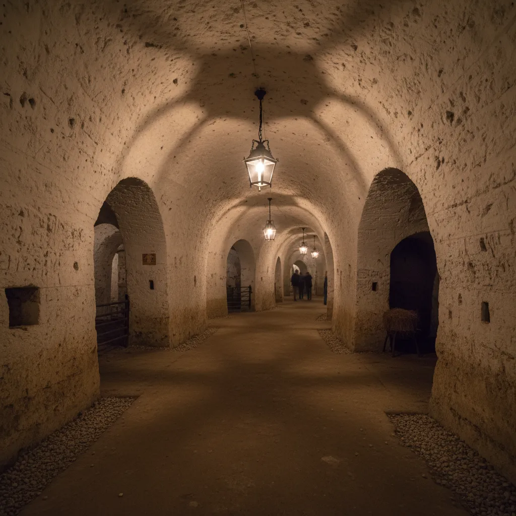 Ancient chalk quarry tunnels showing intricate carvings and pathways in the Naours Underground City