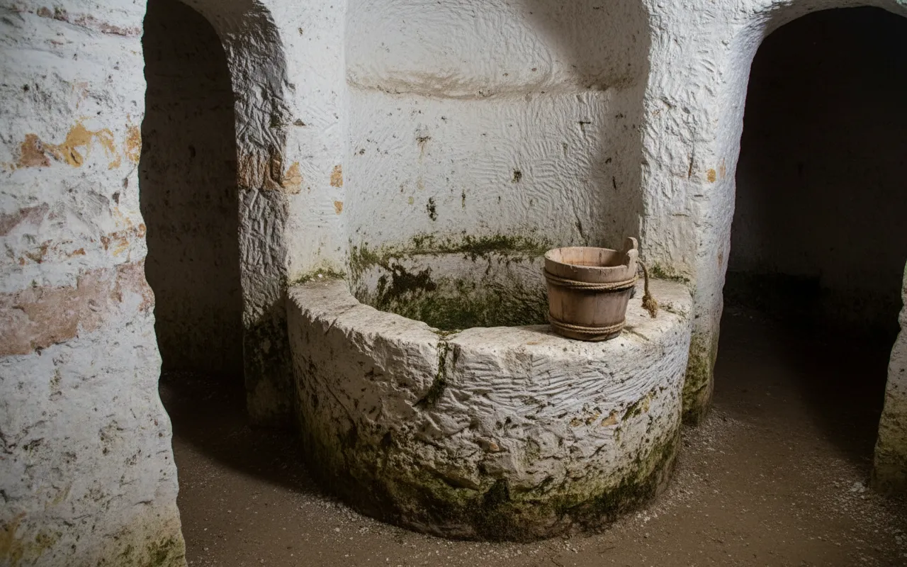 Group of visitors exploring an underground chapel in the Cité souterraine de Naours with a guide