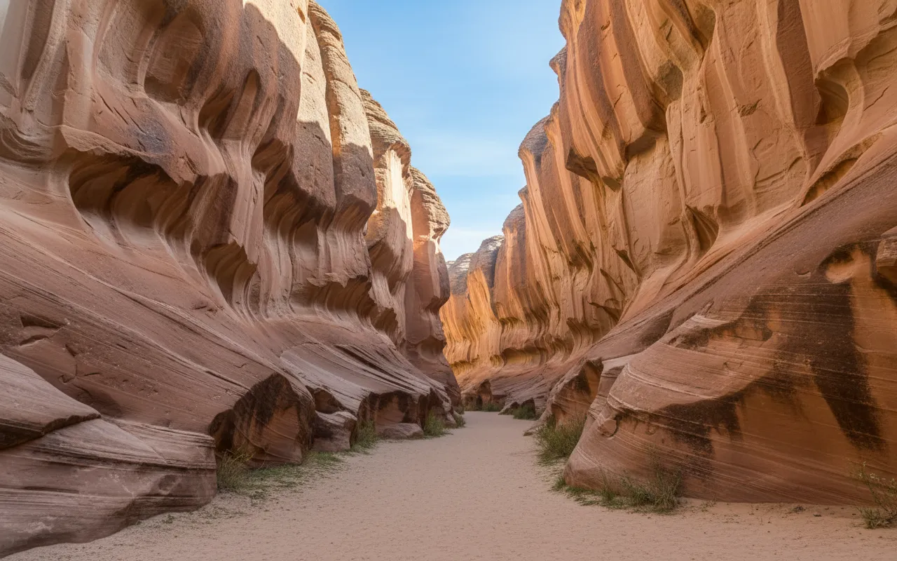 A narrow, winding path through towering orange sandstone formations at Ciudad de Itas, Torotoro National Park, Bolivia.