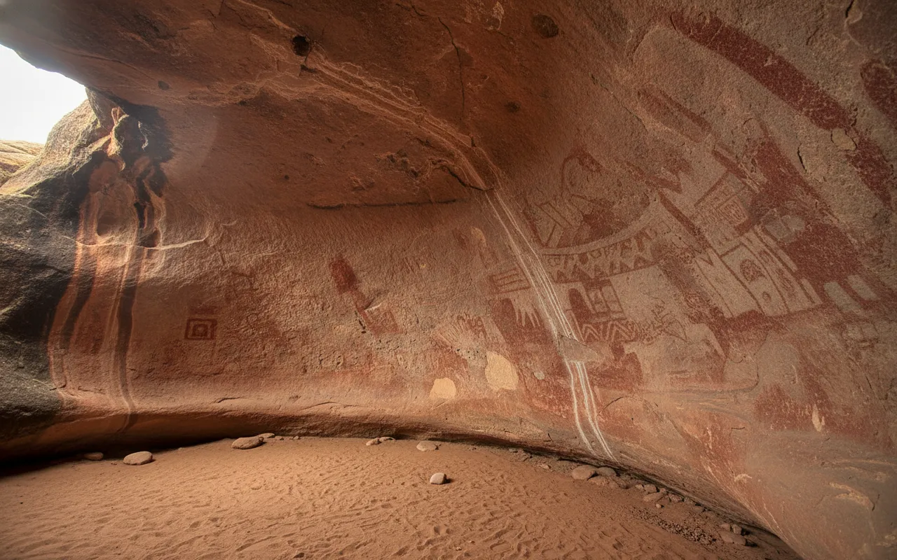 Close-up of ancient red rock paintings depicting animals and human figures on a sandstone wall in Ciudad de Itas, Bolivia.
